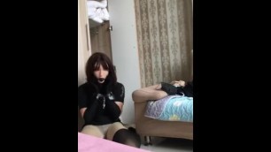 female mask girl Struggling out of the cupboard, almost choking