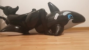 Latex Shark suit riding orca with mastubator and dildo in ass