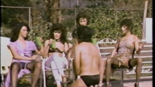 Brunettes sitting poolside harass guy on a leash