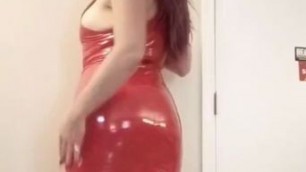 Pantyhose and Red PVC Minidress Try-on and Review with Dominatrix