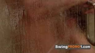 Shower sex before an orgy makes new swinger horny enough to fuck new couples at the red room.