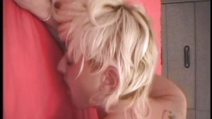 Blonde lays on the bed and boyfriends licks and sucks on her pussy